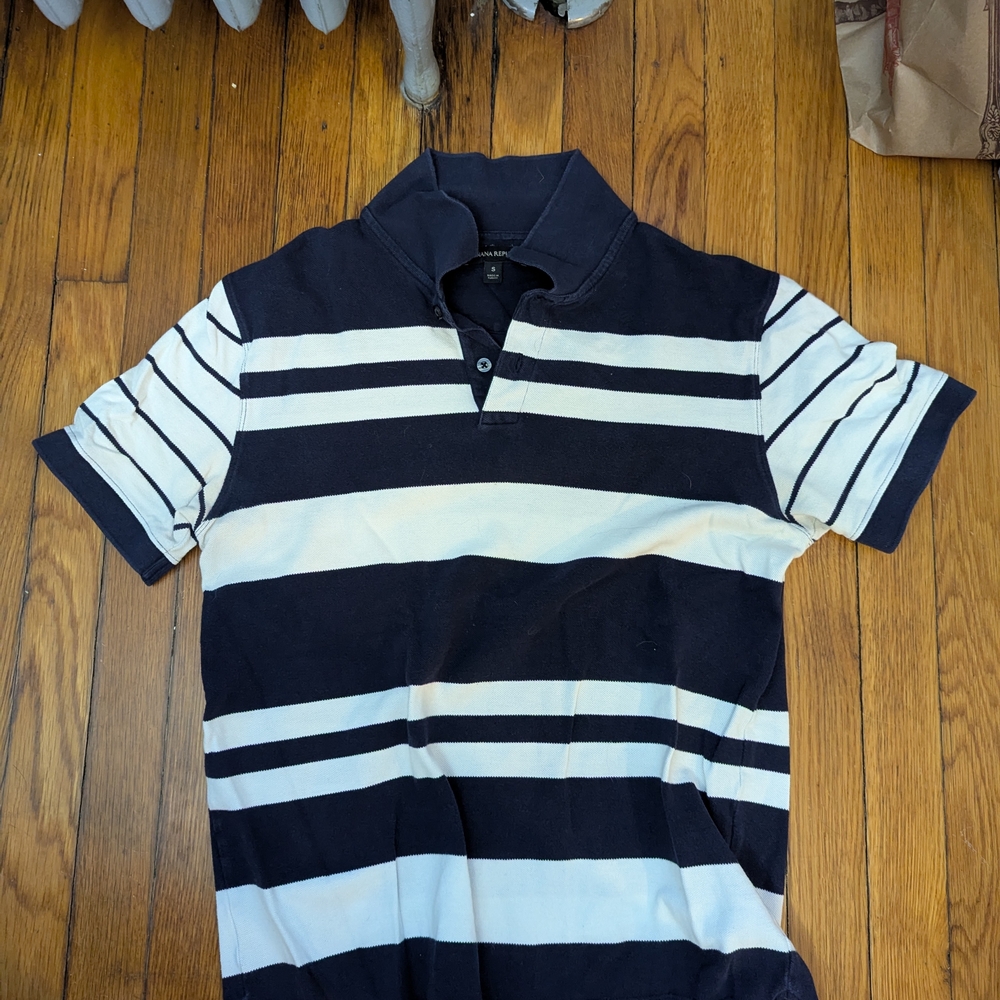 Men's Black and White Striped Polo Shirt